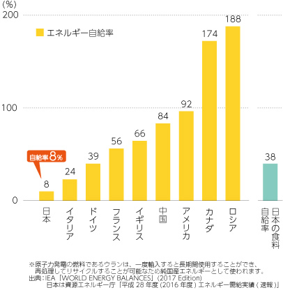 主要国のエネルギー自給率(2015年、日本のみ2016年度)