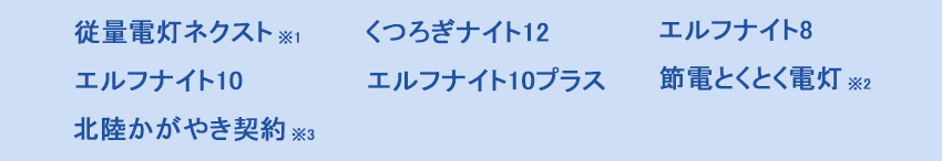 従量電灯ネクスト※1・くつろぎナイト12・エルフナイト8・エルフナイト10・エルフナイト10プラス・節電とくとく電灯※2