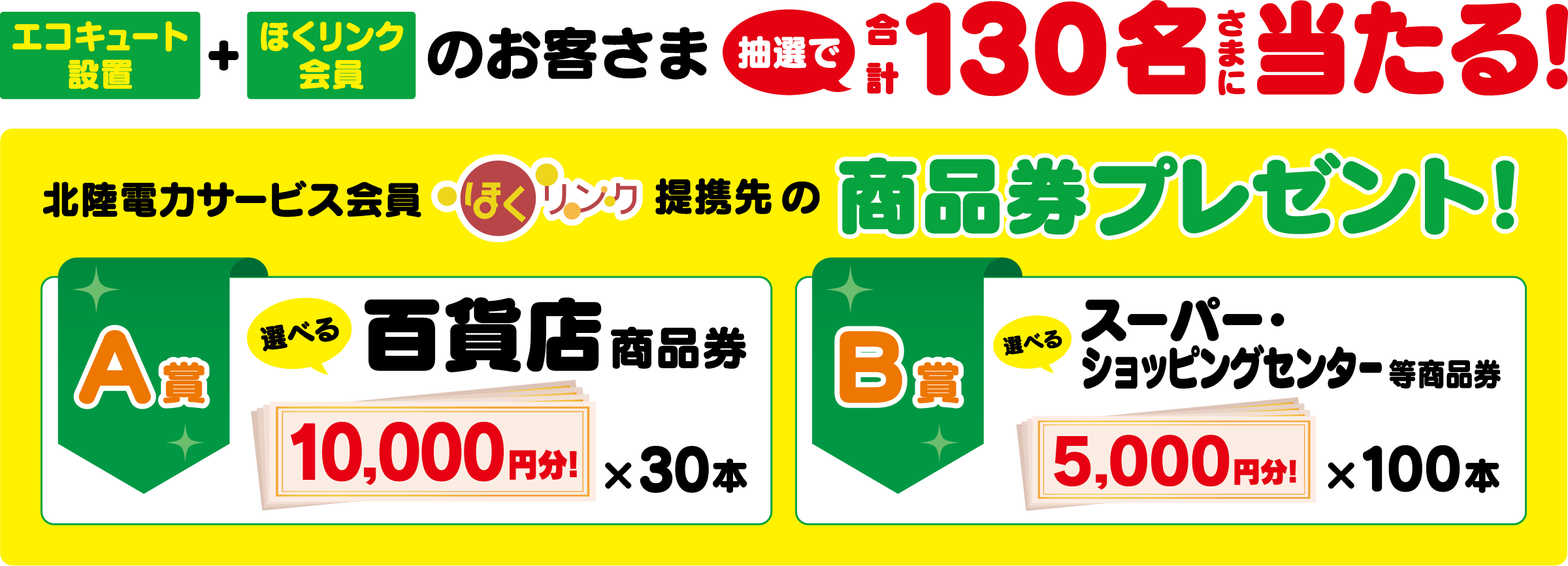 エコキュート設置＋ほくリンク会員のお客さまから抽選で合計130名さまに北陸電力サービス会員ほくリンク提携先の賞品券プレゼント　A賞：百貨店賞品券　B賞：スーパー・ショッピンセンター等賞品券