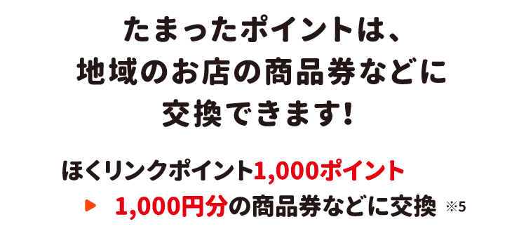 たまったポイントは、地域のお店の商品券などに交換できます！ほくリンクポイント1,000ポイント→1,000円分の商品券などに交換