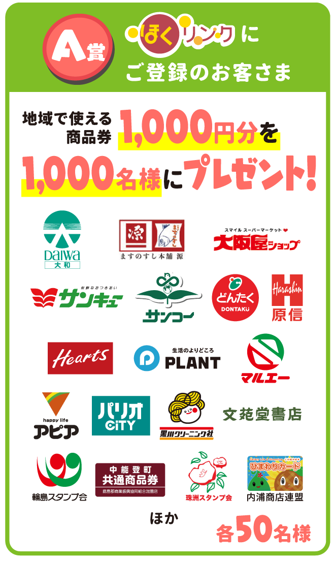 A賞 ほくリンクにご登録のお客様 地域で使える商品券1,000円分を1,000名様にプレゼント