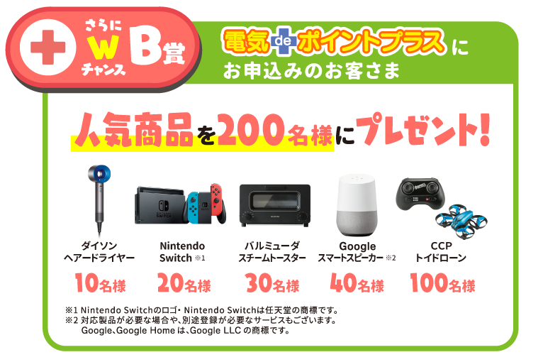 さらにWチャンス B賞 電気deポイントプラスにお申し込みのお客さま 人気商品を200名様にプレゼント