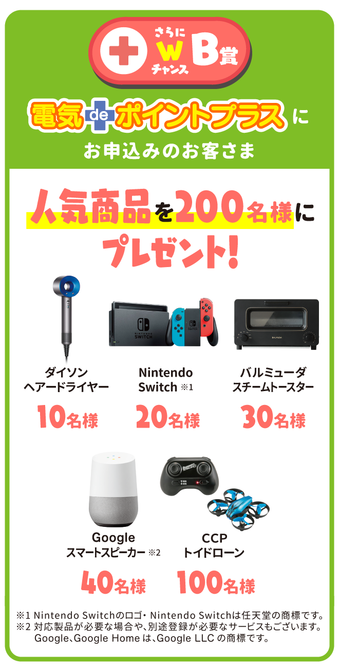 さらにWチャンス B賞 電気deポイントプラスにお申し込みのお客さま 人気商品を200名様にプレゼント