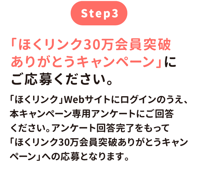 「ほくリンク30万会員突破ありがとうキャンペーン」にご応募ください。「ほくリンク」Webサイトにログインのうえ、本キャンペーン専用アンケートにご回答ください。アンケート回答完了をもって「ほくリンク30万会員突破ありがとうキャンペーン」への応募となります。