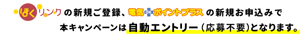 ほくリンクの新規ご登録、電気deポイントプラスの新規お申込みで本キャンペーンは自動エントリー（応募不要）となります。