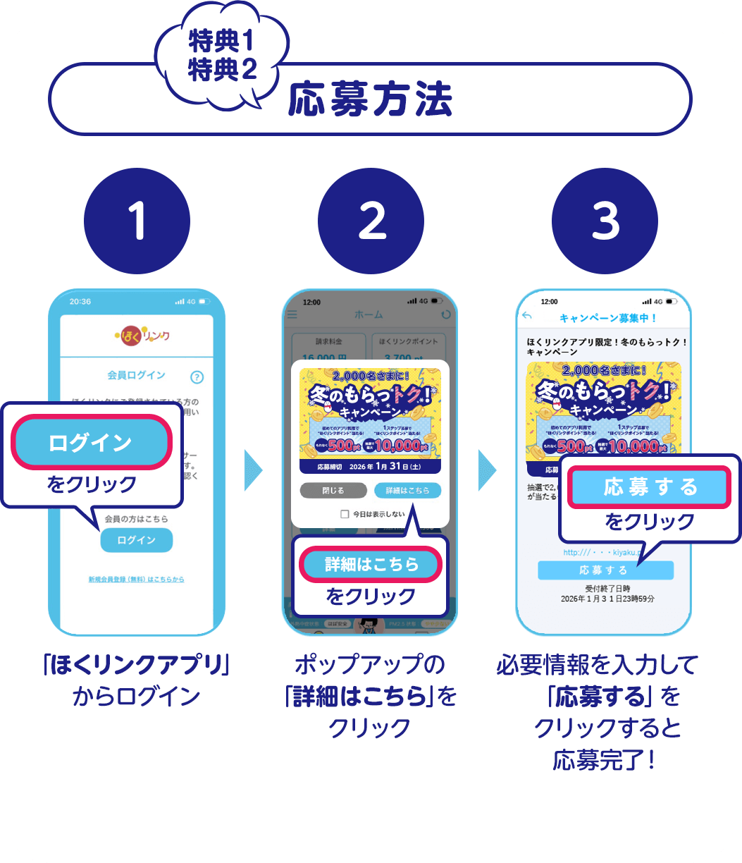 特典１ 特典２ 応募方法：1,「ほくリンクアプリ」からログイン 2,ポップアップの「詳細はこちら」をクリック 3, 必要情報を入力して「応募する」をクリックすると応募完了！