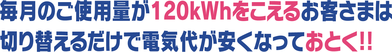 毎月のご使用量が120kWhをこえるお客さまは切り替えるだけで電気代が安くなっておとく!!