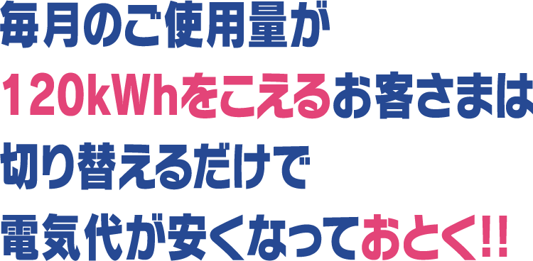 毎月のご使用量が120kWhをこえるお客さまは切り替えるだけで電気代が安くなっておとく!!