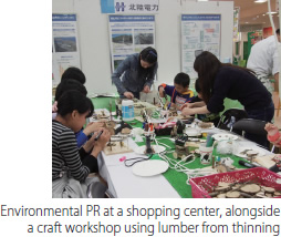 Environmental PR at a shopping center, alongside a craft workshop using lumber from thinning