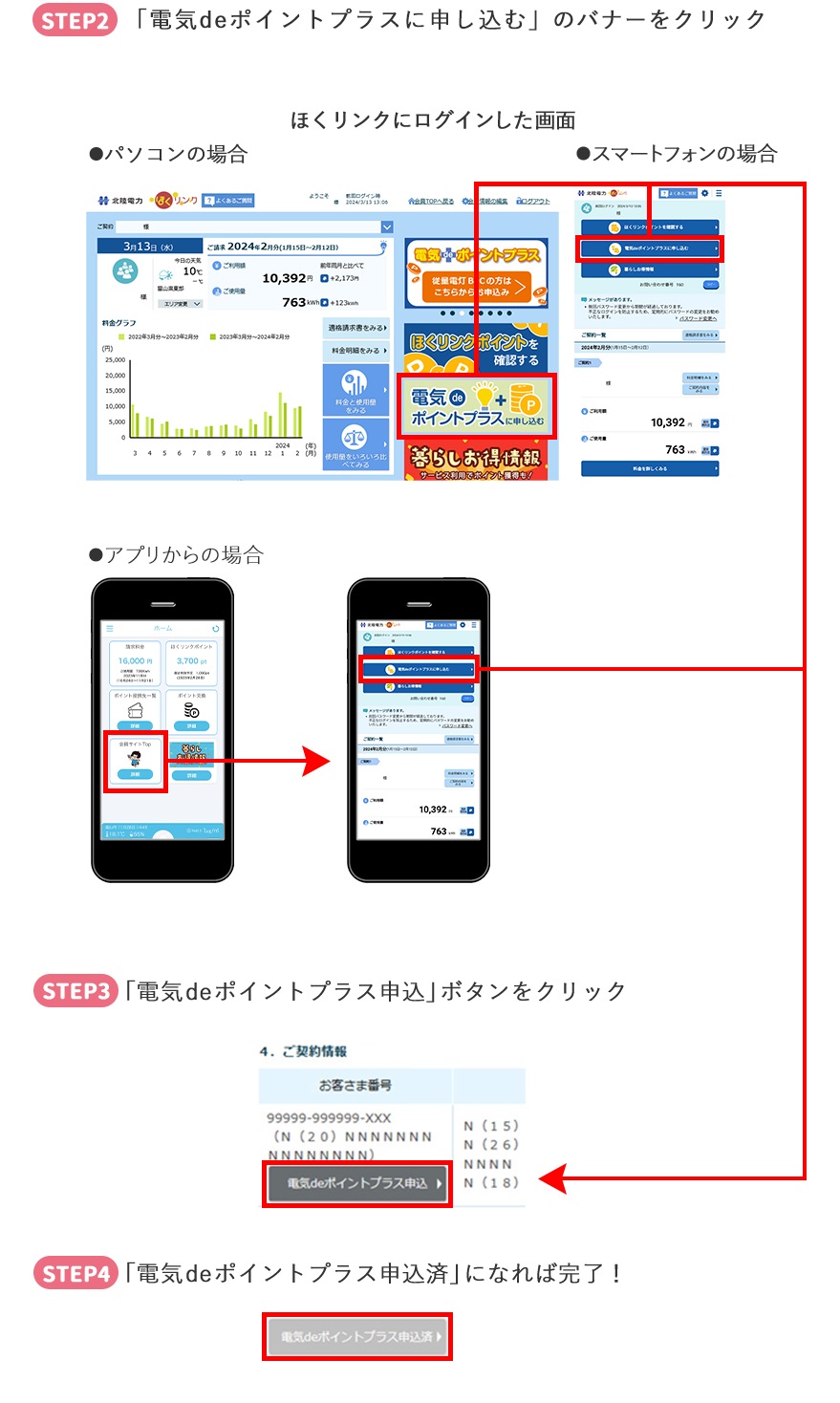 STEP2「電気deポイントプラスに申し込む」のバナーをクリック ほくリンクにログインした画面／●パソコンの場合 ●スマートフォンの場合 STEP3「電気deポイントプラス申込」ボタンをクリック SSTEP4「電気deポイントプラス申込済」になれば完了！