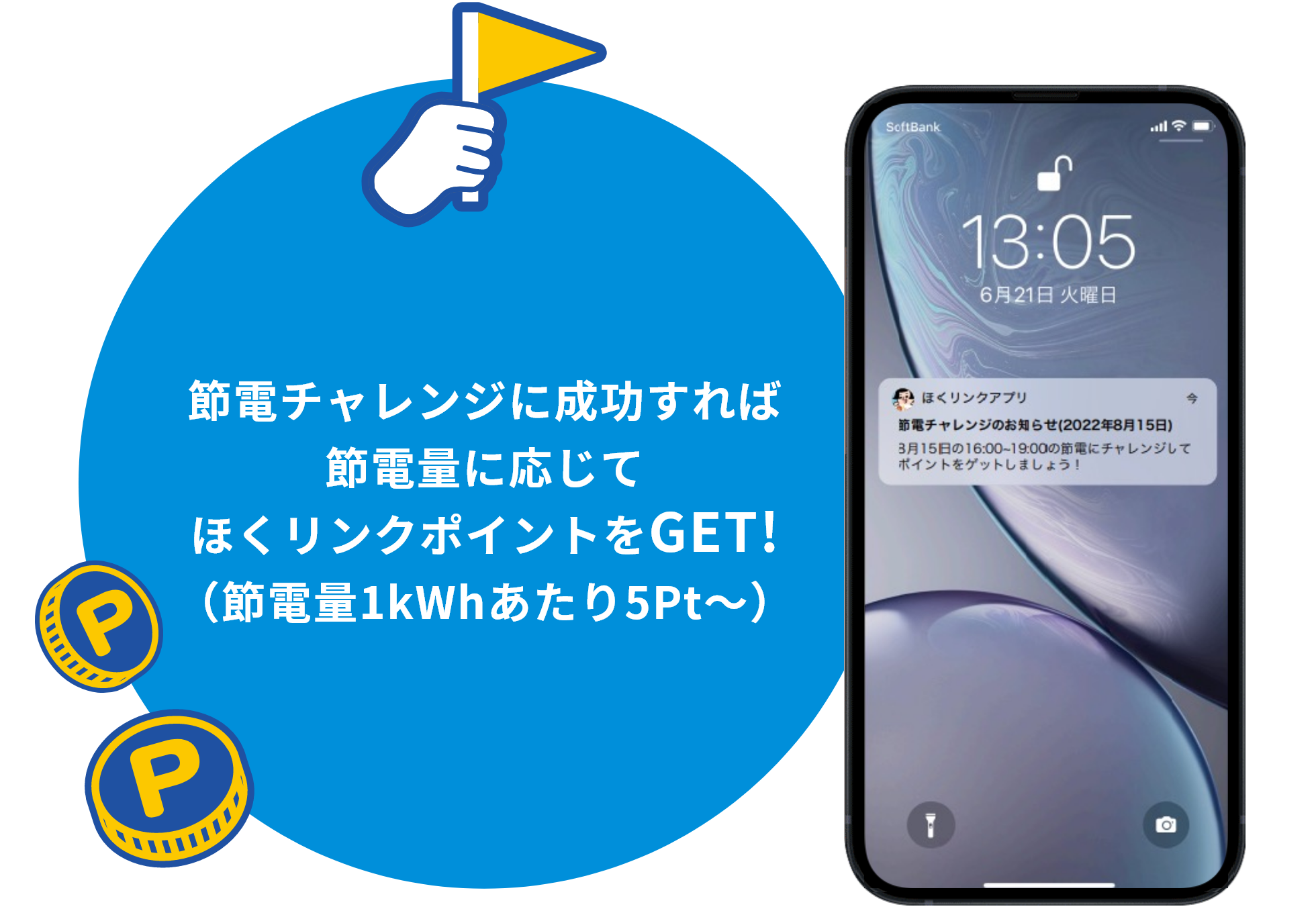 節電チャレンジに成功すれば節電量に応じてほくリンクポイントをGet！（1kWhあたり5Pt～）