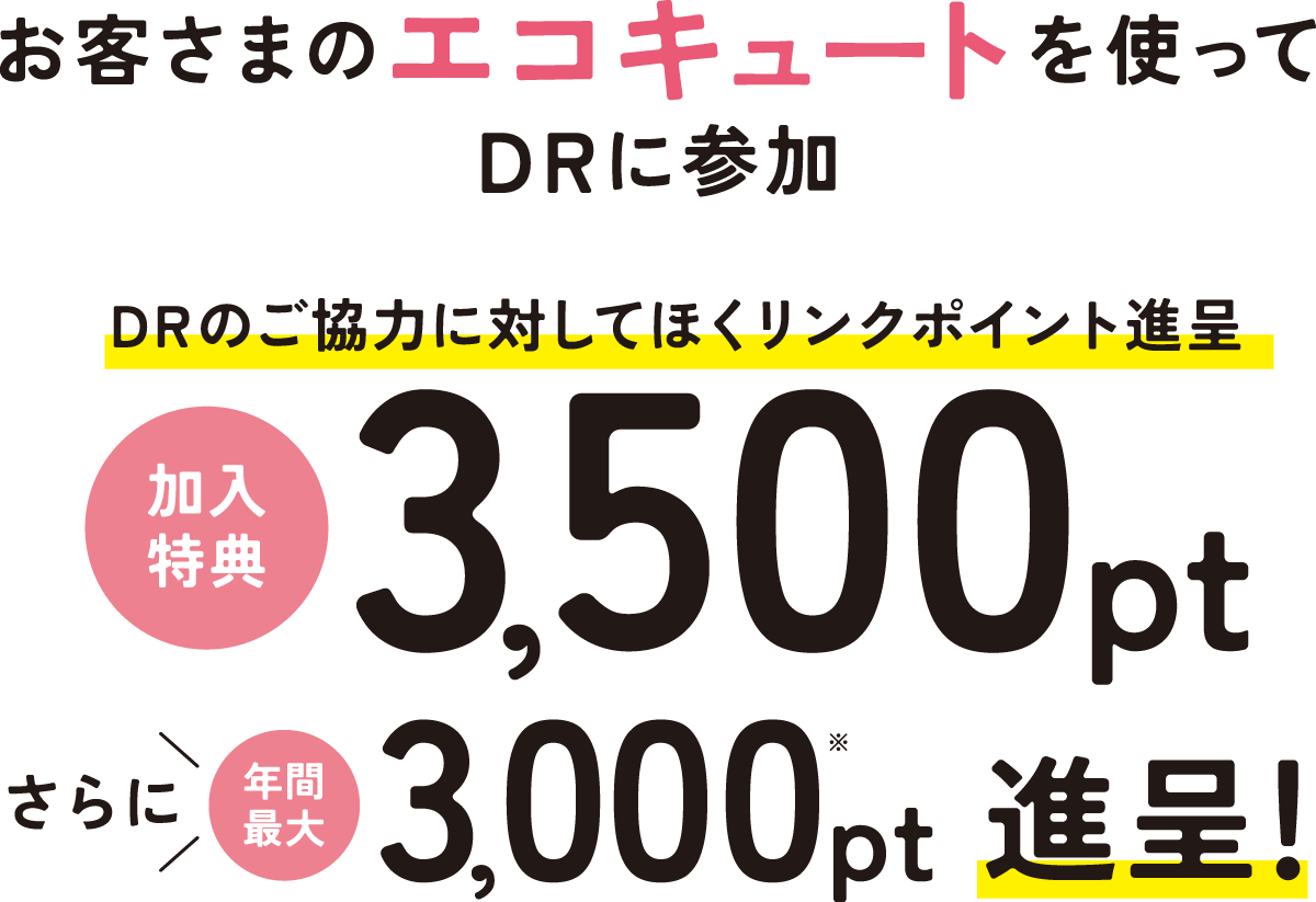 お客さまのエコキュートを使ってDRに参加　DRのご協力に対してほくリンクポイント進呈　加入特典,500pt、さらに年間最大3,000pt進呈！