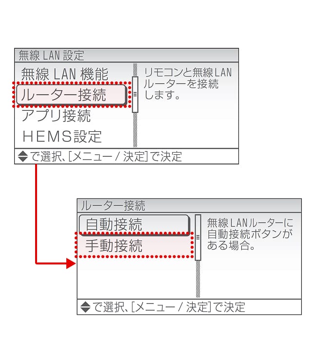 ▲▼で「ルーター接続」を選択後、「手動接続」を選択してください。