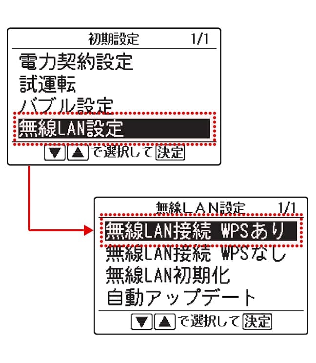 ▲▼で「無線LAN設定」を選択後、「無線LAN接続　WPSあり」を選択してください。