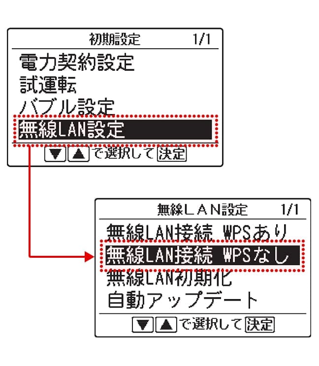 ▲▼で「無線LAN設定」を選択後、「無線LAN接続　WPSなし」を選択してください。