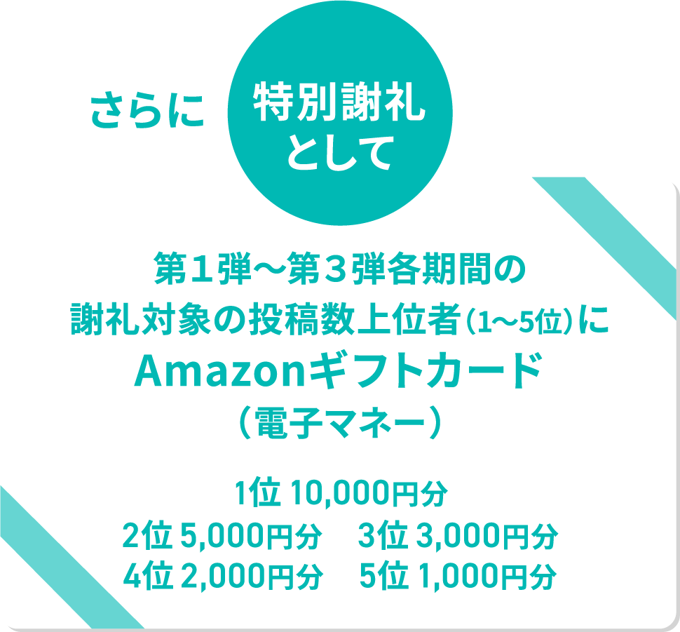 さらに特別謝礼として 第1弾～第3弾各期間の謝礼対象の投稿数上位者(1～5位)にAmazonギフトカード（電子マネー）1位 10,000円分 2位 5,000円分 3位 3,000円分 4位 2,000円分 5位 1,000円分