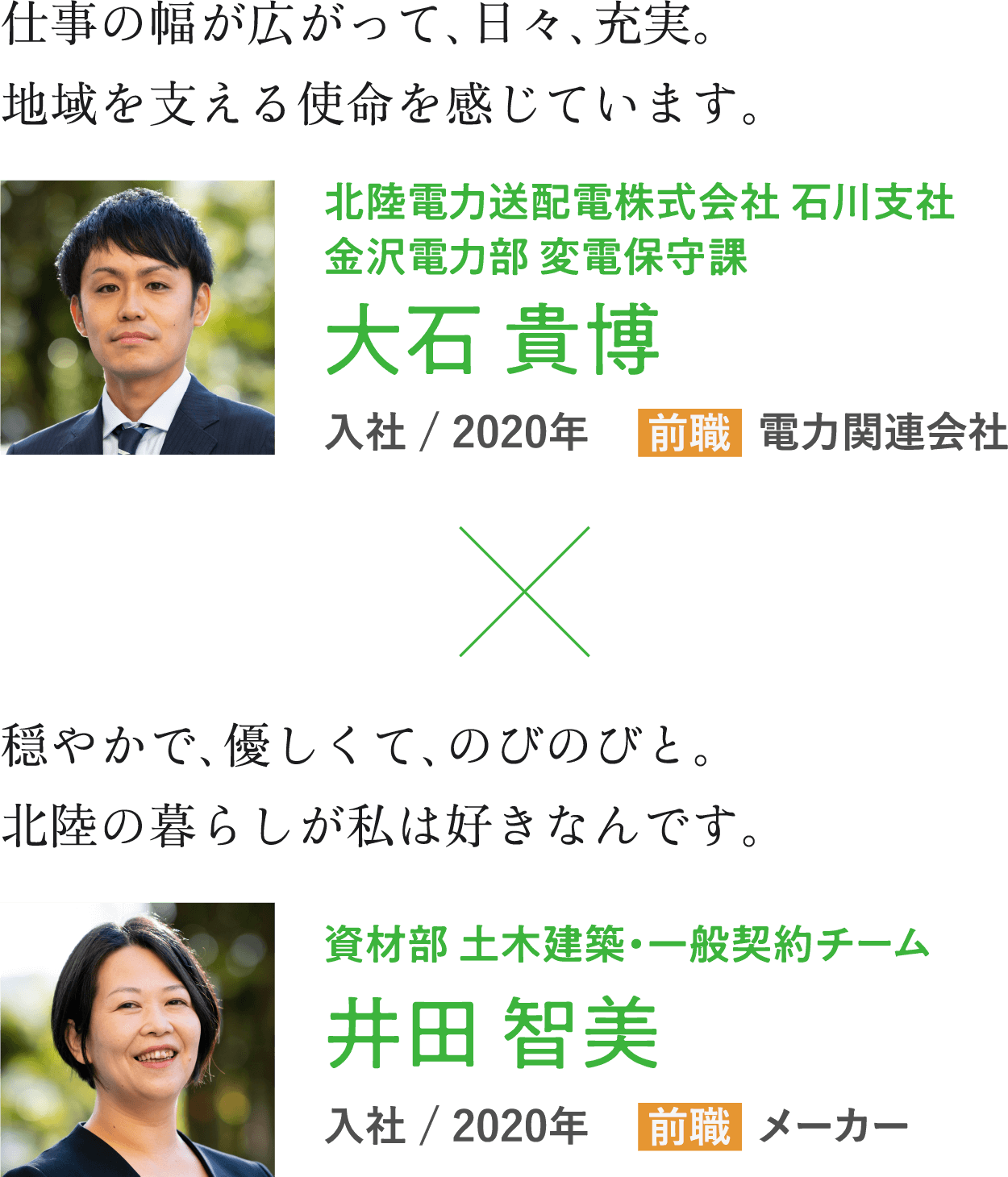 仕事の幅が広がって、日々、充実。地域を支える使命を感じています。北陸電力送配電株式会社 石川支社金沢電力部 変電保守課大石 貴博入社 / 2020年前職 電力関連会社穏やかで、優しくて、のびのびと。北陸の暮らしが私は好きなんです。資材部 土木建築・一般契約チーム井田 智美入社 / 2020年メーカー